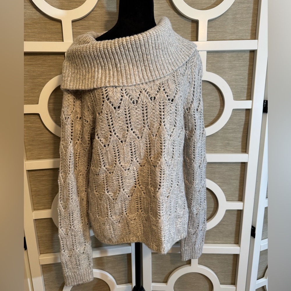 White House Black Market, “Gray Shimmer Thread” Off-Shoulder Cowl Sweater, SZ-L